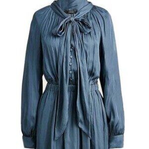 BNWOT J Crew Long Sleeve Featherweight Satin Tie Neck Dress Blue Women's